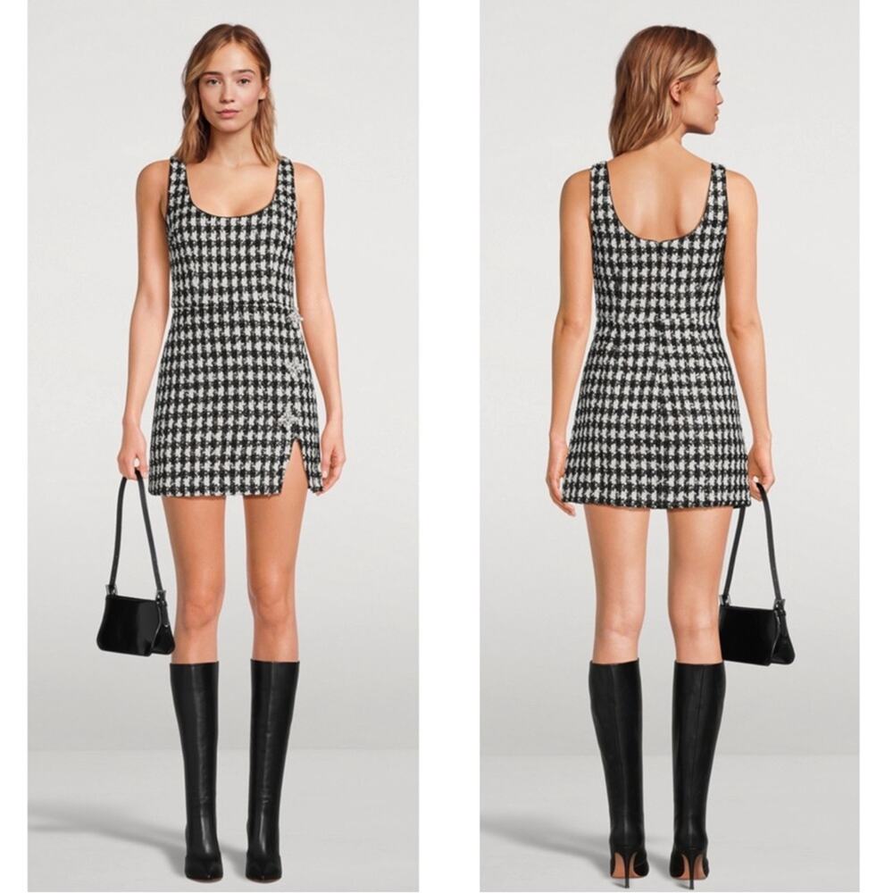 SELF-PORTRAIT Boucle Tweed Crystal Embellished Black and White Mini Dress Size 4
